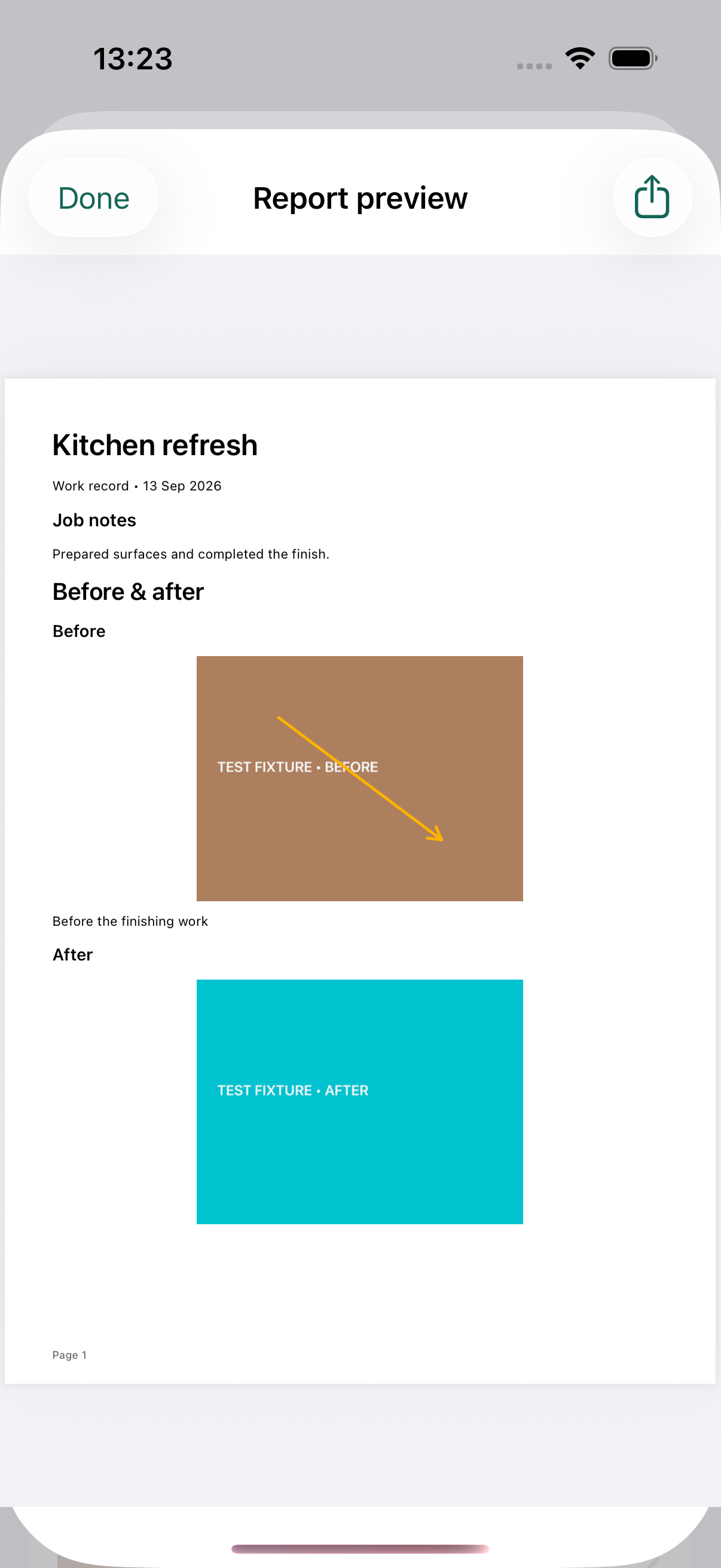 Job Photos for iOS showing a local PDF preview with sample Before and After images, a caption, notes and an arrow annotation